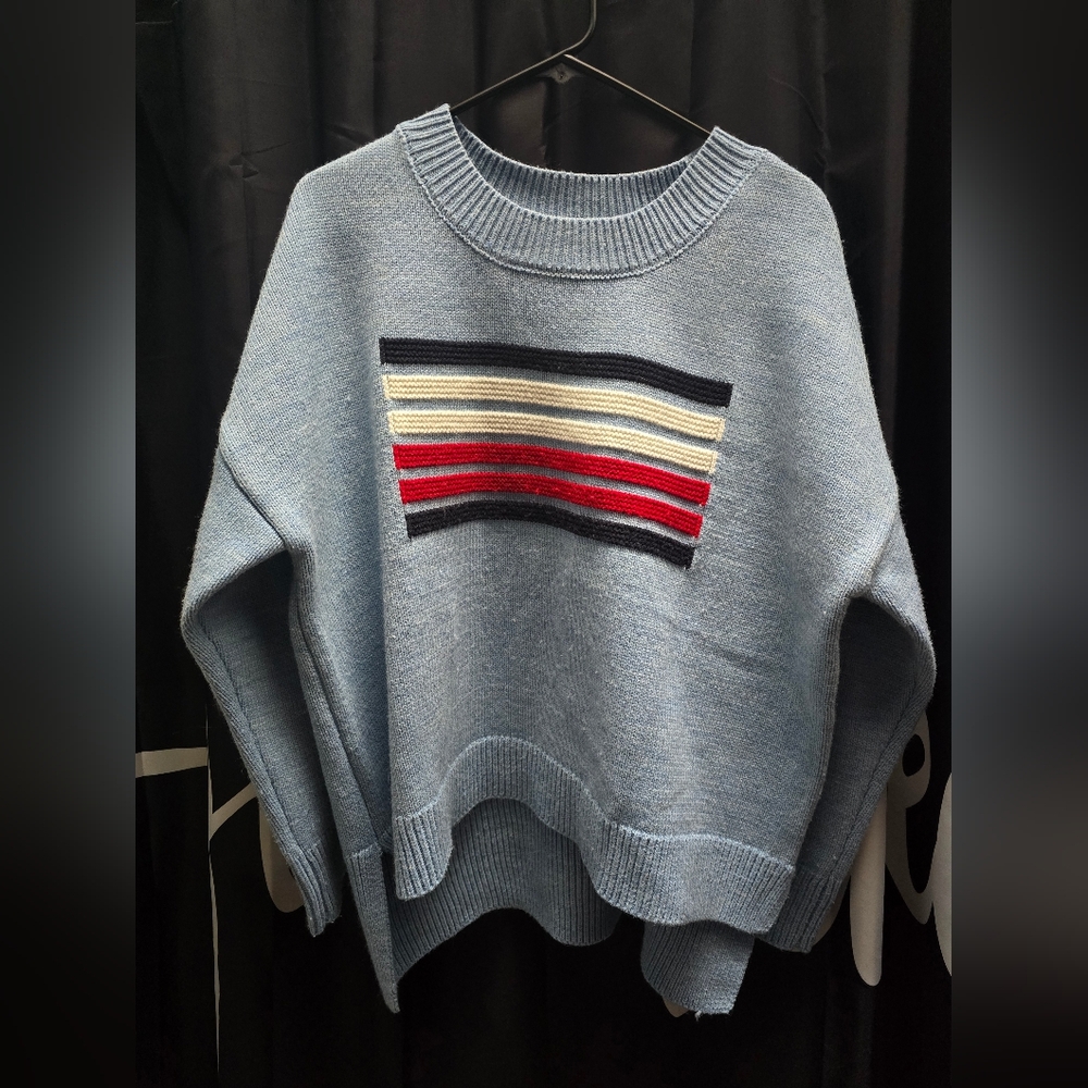 Blue Sweater with Striped Design By TOMMIE HILFIGUR